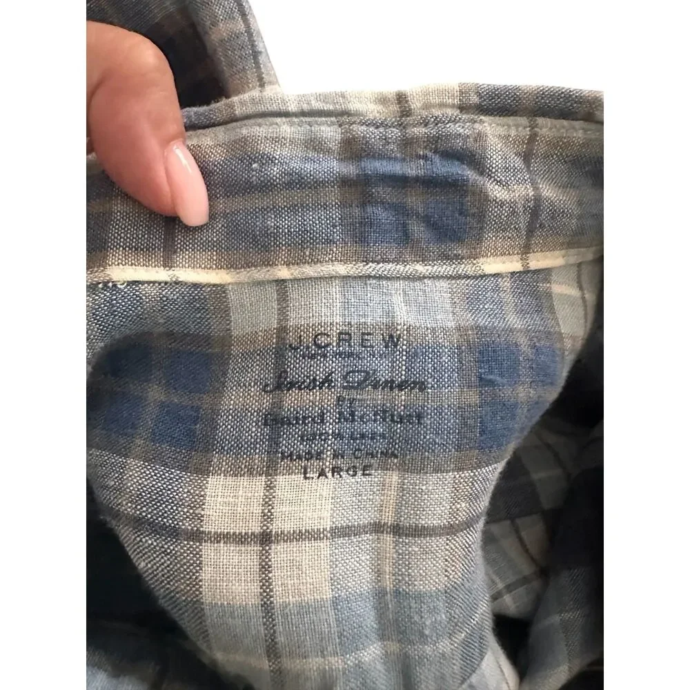 JCREW Irish Linen Plaid Button Down Blue Large